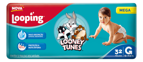 Fralda Looping Looney Tunes Mega G Com 32 Unidades Tamanho G