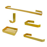 Kit Acessórios Banheiro Quadrado De Metal 5 Pçs Dourado Luxo