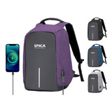 Mochila Antirrobo Impermeable Spica Notebook Usb Anticorte Color Violeta Oscuro