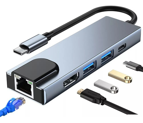 Adaptador Tipo C 5 Em 1 Lan 1000mb Rj45 Usb 3.0 4k Hdmi