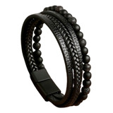 Pulsera Cuero, Brazalete Cuentas , Joyería Manilla Negra