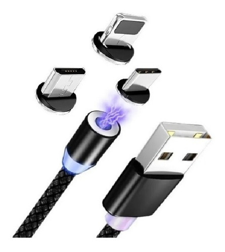 Cable Magnetico 3 En 1 Micro Usb  Tipo C Lightning Para Ipho Color Negro