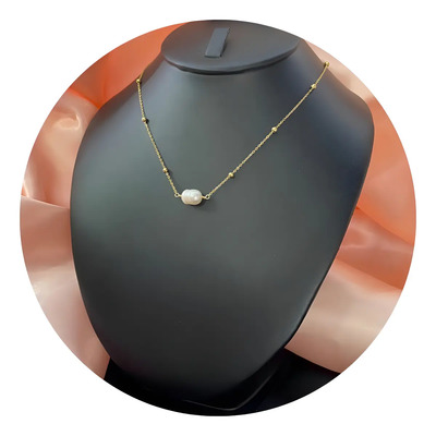 Collar Perla Natural Gargantilla Cadena Chapa Oro 18 K Acero Dorado | Meses sin interés