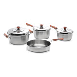 Set Bateria Cocina Le Cheff Acero Inox Mango Madera Gamuza