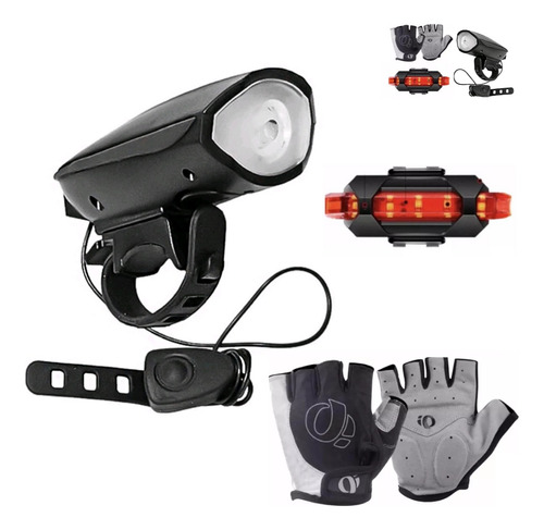 Kit Farol Lanterna Bicicleta Led Recarregável Buzina + Luva