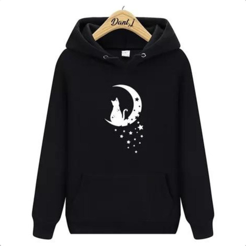 Moletom Blusa De Frio Casaco Blusao Capuz Canguru Gato Lua