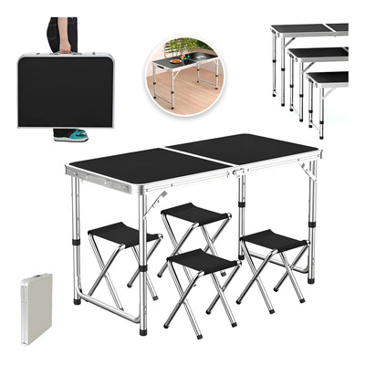 Mesa Plegable Para Camping Picnic Ajustable 1.20 Portátil 4 Sillas Color Negro | Meses sin interés