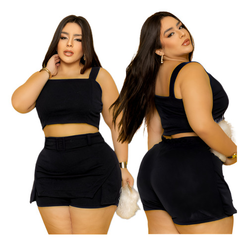 Conjunto Croped E Short Saia  Com Cinto Plus Size Luxo