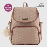 Mochila Feminina Barata Linda Bolsa Costas Chaveiro Pompom Cor Creme Desenho Do Tecido Florido