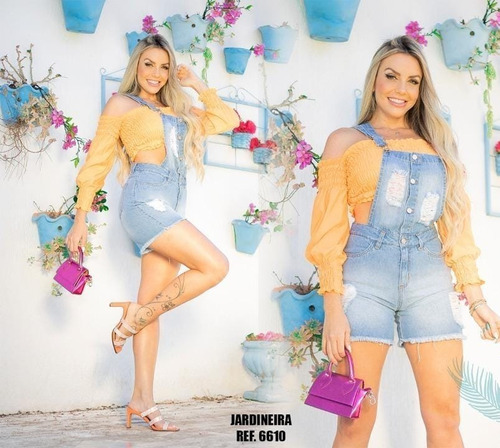 Jardineira Jeans Feminina Shorts Curto Cintura Alta Estilosa