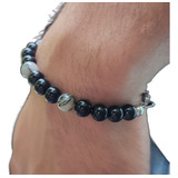 Pulsera De Piedra Obsidiana Y  Cuarzo Turmalinado Hombre