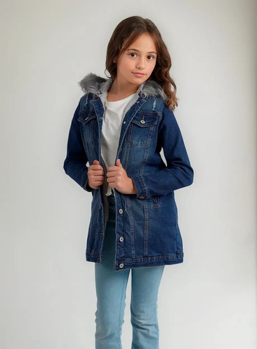 Chaqueta Chamarra Niña Larga Mezclilla Afelpada Gorro Peluch