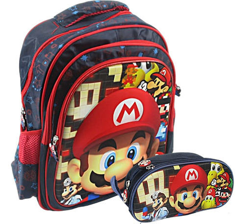 Kit X2 Maleta Morral Escolar Mario Bros Yoshi + Cartuchera