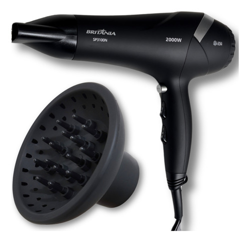 Secador De Cabelo 2000w Britânia Sp3100n Com Difusor Cachos