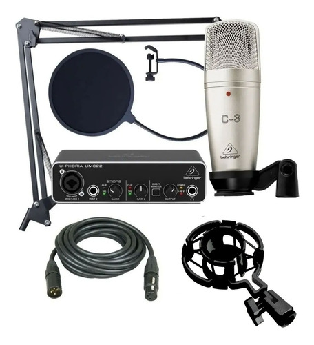 Kit Grabación Behringer Umc22 Microfono C3 Brazo Antipop 