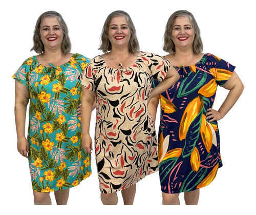 Kit 3 Vestidos Estampados Plus Size Moda Ombro A Ombro