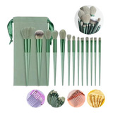 Set Brochas De Maquillaje 13 Pzs Profesional +bolsa Color Verde