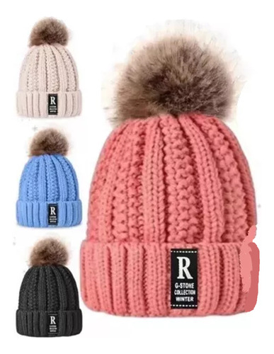 Gorro De Lana Tejido Mujer Pompon Abrigo Peluche Interno