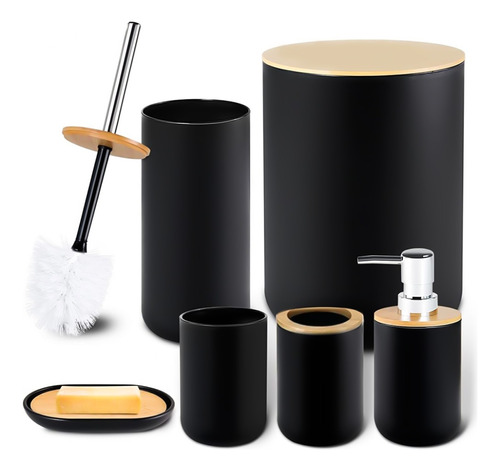 Kit Conjunto Banheiro Lavabo Escova Lixeira 6 Peças Bambu