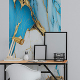 Papel De Parede Painel 3d Mármore Branco Dourado Azul 1m