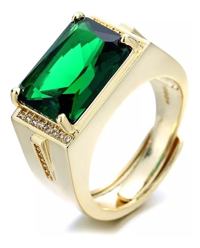 Anel Masculino Ajustavel Banhado A Ouro 18 K Pedra Verde