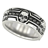 Anillo Hombre Con Calaveras De Plata Ley .925 Argolla De 8mm