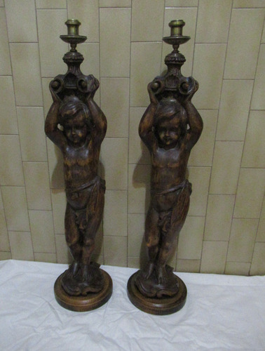 Antg Par Candelabros Bronce Querubines Madera Tallada 90 Cm