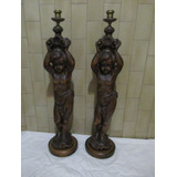 Antg Par Candelabros Bronce Querubines Madera Tallada 90 Cm