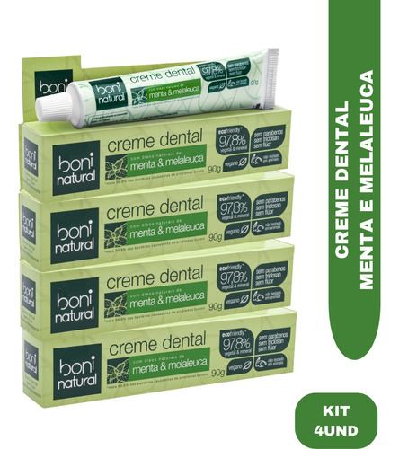 Kit 4 Creme Dental Natural Menta E Melaleuca Sem Flúor