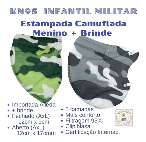 Kit10 Máscaras Kn95 Infantil Menino Estampa Camuflada Aileda