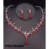 Lindo Conjunto Colar Brinco Strass Festa Prateado Vermelho