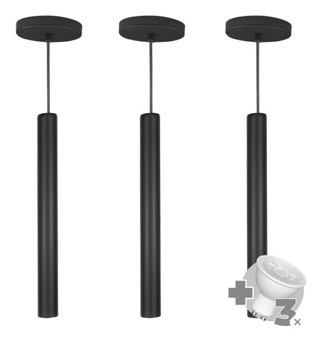 Kit 3 Pendente Tubo Palito 45cm - Preto + Lampada Led 4w 110v/220v