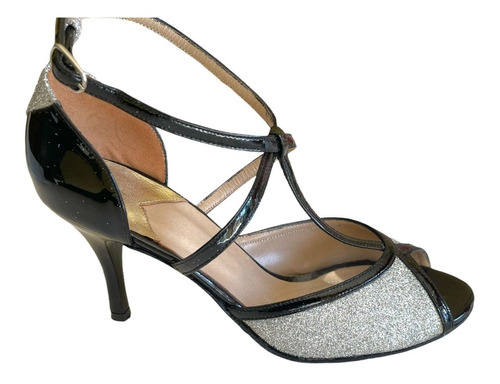 Zapato De Baile Tango Salsa Fiesta Lame Plata Y Charol 7,5 