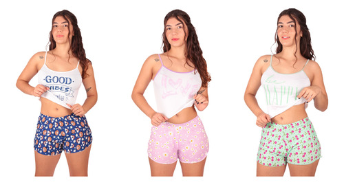 Kit 3 Pijamas Curto Adulto Feminino Blusa E Short Doll Malha