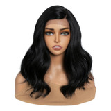 Peruca Lace Front Preta Natural Long Bob Ondulada Baby Hair 