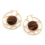 Aros Argollas Oro Laminado 18k Piedra Ojo De Tigre Rommanel