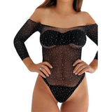 Body Strass Brillos Transparentes Manga Larga Invierno