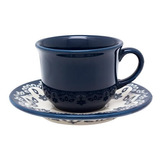Jogo 6 Xícaras Chá Com Pires Cerâmica Oxford Branco E Azul