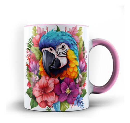 Caneca Color Xicara Brasil Arara Azul Flores Macaw 24