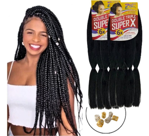 Kit 2 Pacotes Cabelo Jumbo Super X Para Tranças 400g + Anéis