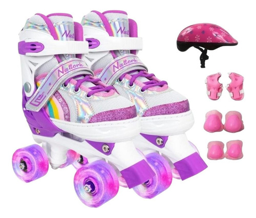 Patins Quad Lindo Tam./ajustável + Kit Proteção Rodinhas Led