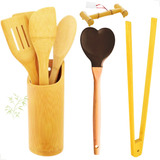 Kit Culinario Colher De Pau Espatula Bambu Natural Suporte 