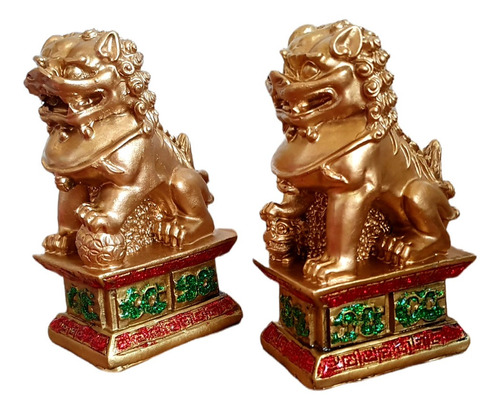 Leões Chineses Budista Sorte  Dourado Resina Decor 6cm