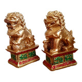 Leões Chineses Budista Sorte  Dourado Resina Decor 6cm