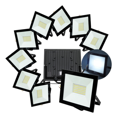 10 Reflectores Led 100w Slim Luz Blanca P/ Exterior 110-220