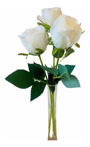Set X 3 Rosas Blancas Premium Artificiales Con Hojas Verdes 