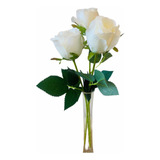 Set X 3 Rosas Blancas Premium Artificiales Con Hojas Verdes 