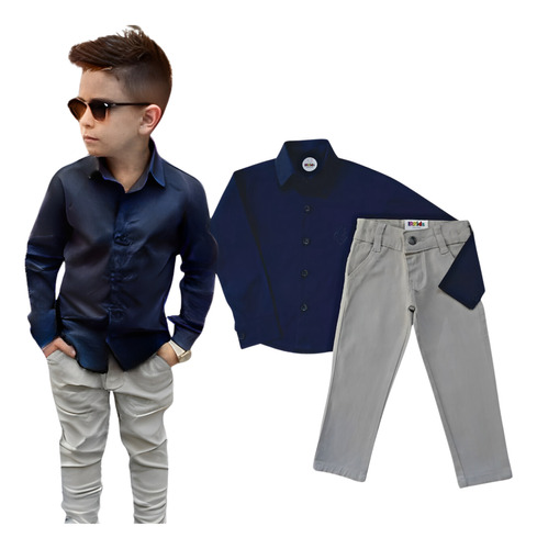 Conjunto Social Menino Calça Bege E Camisa Manga Longa