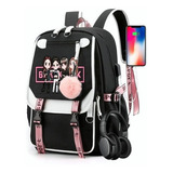 Mochila Juvenil Estilo Coreano Negro Rosa Kpop Con Puerto Us