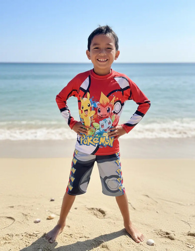 Traje De Baño Short Bermuda Y Playera Pokemon Niño 1-12 Años